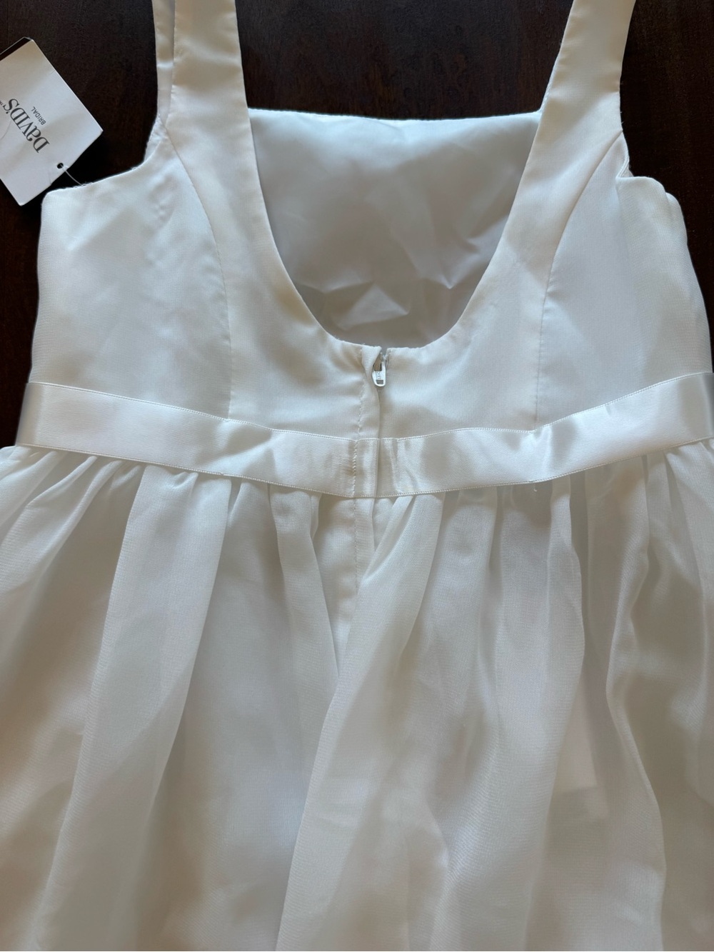 David's Bridal White Flower Girl Dress with Burgundy Sash - Picture 5 of 10